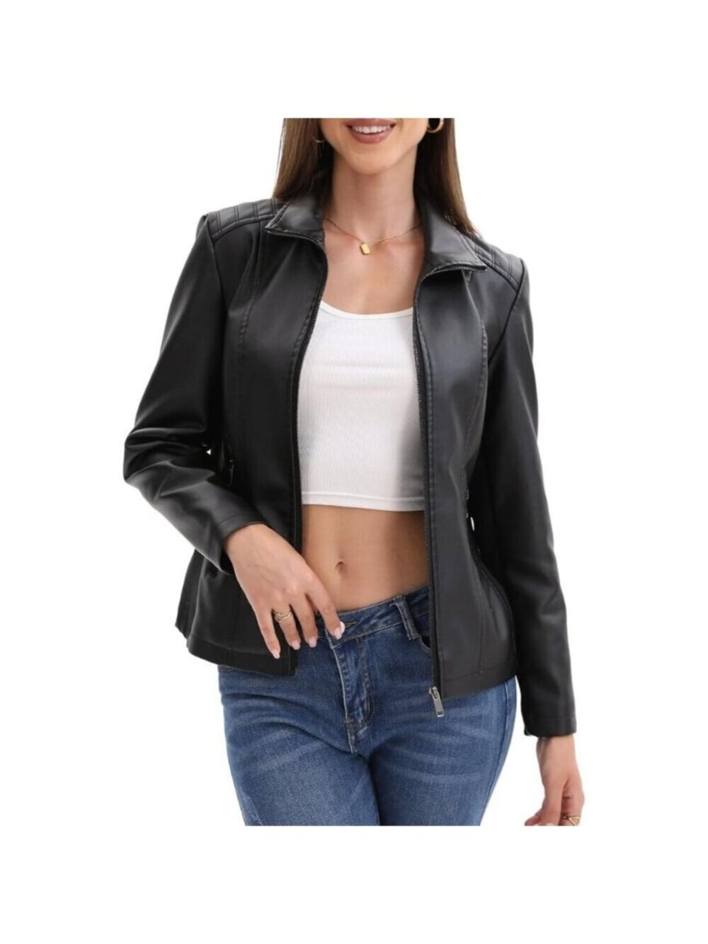 Women's Faux Leather Jacket Motorcycle Fashion Zip Up Coat Trendy Jacket Black